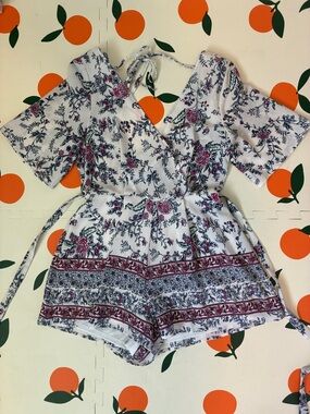 miami White Floral Wrap Romper with Pink & Navy Print